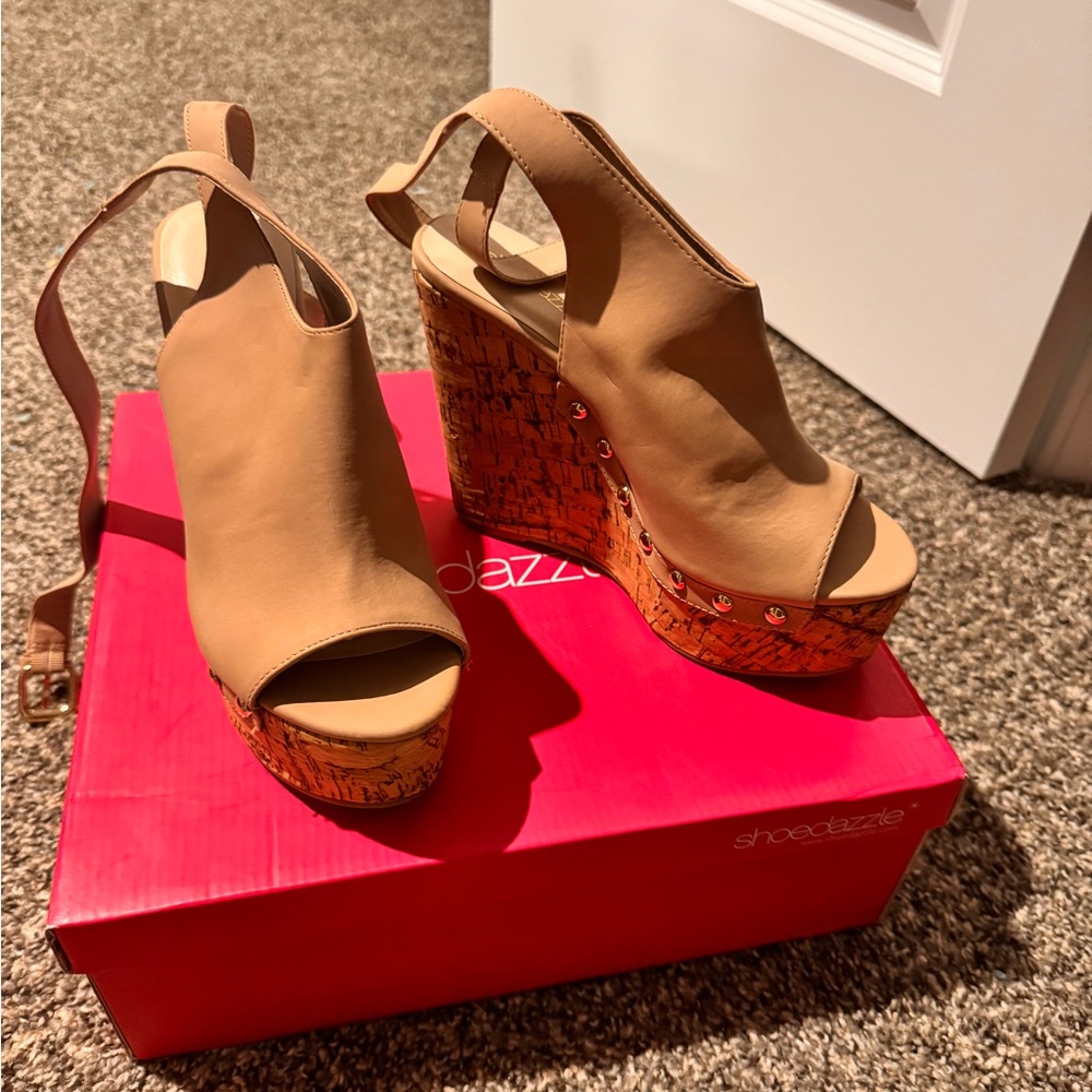 Shoe Dazzle Tan Platform Wedges with Ankle Strap